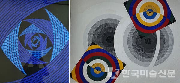 &nbsp;(왼쪽) &lsquo;무제(원상 결) &rsquo;. 80.0x80.0cm, Mixed media(석채 등), 2020. (오른쪽) &lsquo;무제(순정 결)&rsquo; . 259.1&times;193.9cm, Mixed media(석채 등), 2020.
