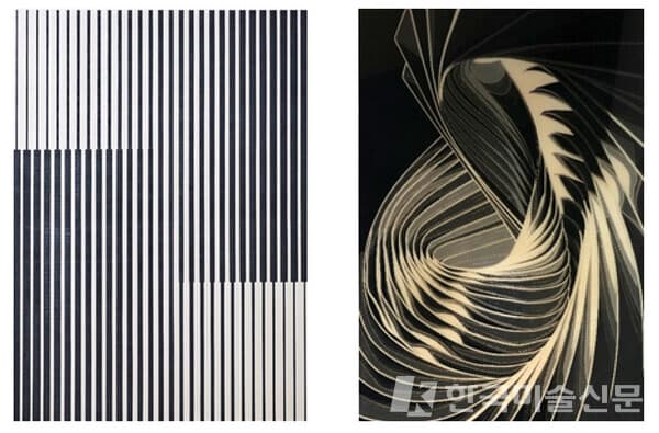 &nbsp;(왼쪽) &lsquo;무제(원상 결)&rsquo;. 162x130cm, Mixed media(석채 등). 2020. (오른쪽) &lsquo;무제(결의 빛)&rsquo;. 259.1&times;193.9cm, Mixed media(석채 등). 2021.&nbsp;