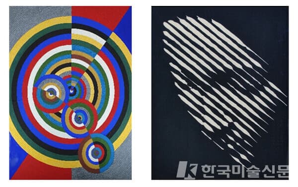 (왼쪽) &lsquo;무제(오방 결)&rsquo;. 259.1&times;193.9cm, Mixed media(석채 등). 2020. (오른쪽) &lsquo;무제(인물 결)&rsquo;. 259.1&times;193.9cm, Mixed media(석채 등). 2021.&nbsp;