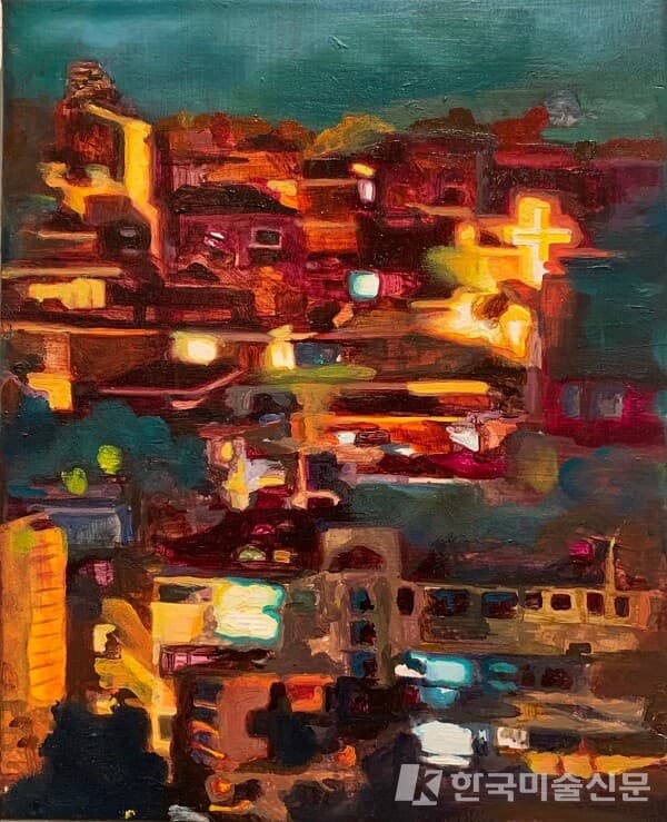 도시의 밤에 청록마을, 2021. acrylic & oil on canvas, 27.7x22cm (사진=김민영 작가)