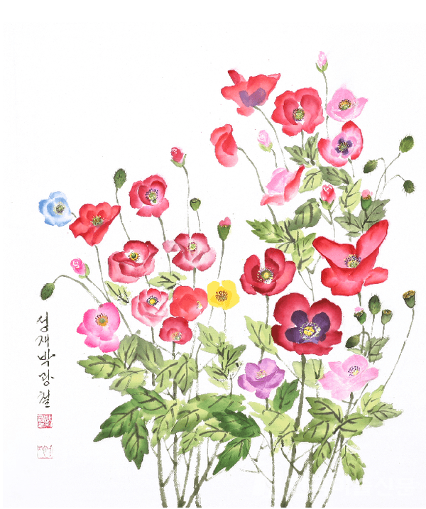 양귀비꽃60x70cm 화선지에 수묵담채, 한국화 물감 2021