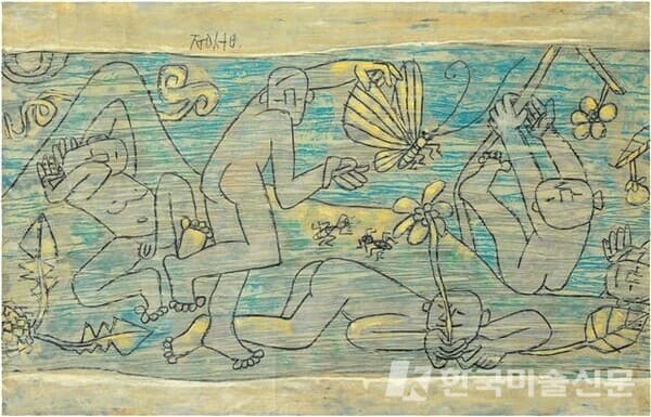 고려시대 &lsquo;청자상감 포도동자문 주전자&rsquo;와 이중섭의 회화 &lsquo;봄의 아동&rsquo;(사진)은 자유분방한 어린 아이들의 도상이 닮았을 뿐 아니라 기법 면에서도 청자의 음각과 그림의 윤곽선이 유사하다. 이중섭은 도자기와 골동품 수집 등 전통미술품에 각별한 애정을 지닌 것으로 유명하다. (출처 = 국립현대미술관 제공)