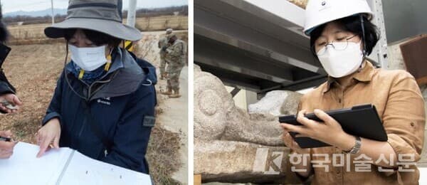 조은경 문화재청 수리기술과장이 지난해 11월 비무장지대(DMZ)에서 유적 분포를 확인하고 있다(왼쪽 사진). 4일 이명선 국립문화재연구소 건축문화재연구실장이 석탑 복원을 위한 부재를 살펴보는 모습. (출처 = 문화재청)