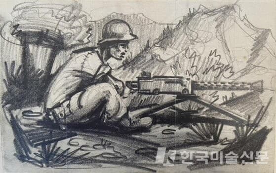 로저 스트링햄이 한국전쟁 당시 스케치한 참호전투 모습. 병사 한 명이 참호 속에서 적군을 향해 총구를 겨누고 있다. [한국전쟁유업재단]