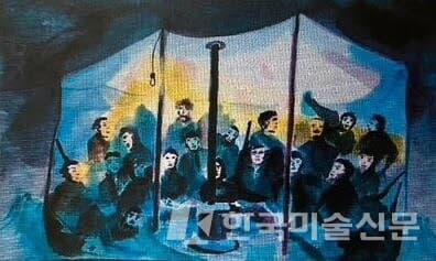 로저 스트링햄이 그린 막사의 모습. 난로를 중심으로 10여명의 병사들이 한데 모여 있다. [한국전쟁유업재단]