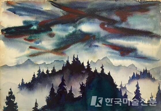 로저 스트링햄이 한국전쟁 당시 그린 작품 '우리는 산꼭대기에서 시간을 보냈다'. 강원도 화천 일대의 풍경을 묘사했다. [한국전쟁유업재단]