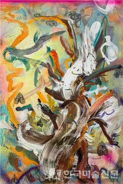 이서윤. 나뭇가지를 뱀으로 착각하는 쪽이 안전합니다 Did I see the branch as a snake or a snake as a branch?캔버스에 혼합매체 mixed media on canvas_ 145.5 x 97 ㎝(80호)2021