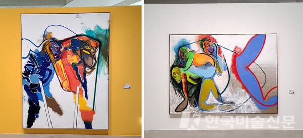 다니엘 리히터, 눈물과 침(Tr&auml;nun Und Gesabber)_Oil on canvas_220x165cm_2021(좌)/다니엘 리히터, 개쩌는 음악(Sick Music)_Oil on canvas_200x270cm_2018(우) [사진=권미나 기자]