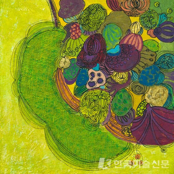 ▲&nbsp;심영신, 초록을 따라서27.4 x 27.4cm, Mixed Media on Canvas, 2021