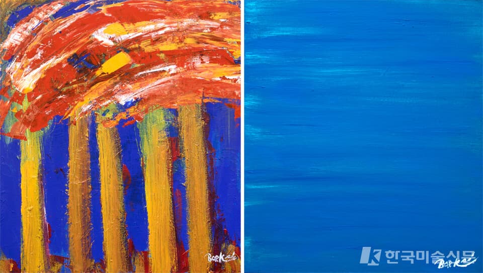 백순임화백 _&nbsp; 좌) 명상화 새해의 숲 45.5X52.5)&nbsp; 우)&nbsp;명상화 난초꽃 그늘. (53.0x45.5 Mixed materrial on canvas 2022 )