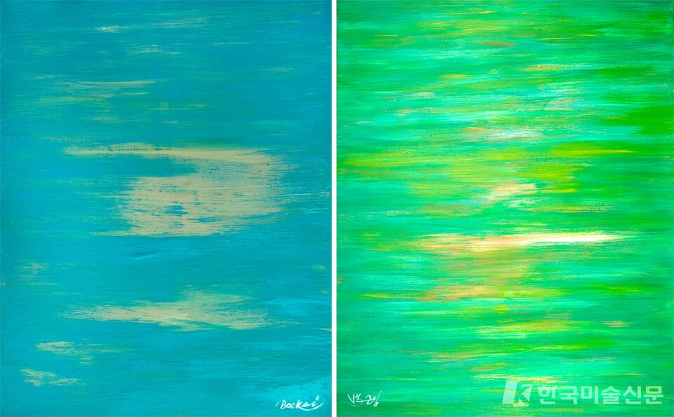백순임 화백_ 좌)명상화 빛을 품다. (116.8x91.0 Mixed materrial on canvas 2022 )우)명상화 빛을 품다. 162xx130 Mixed materrial on canvas 2022 )