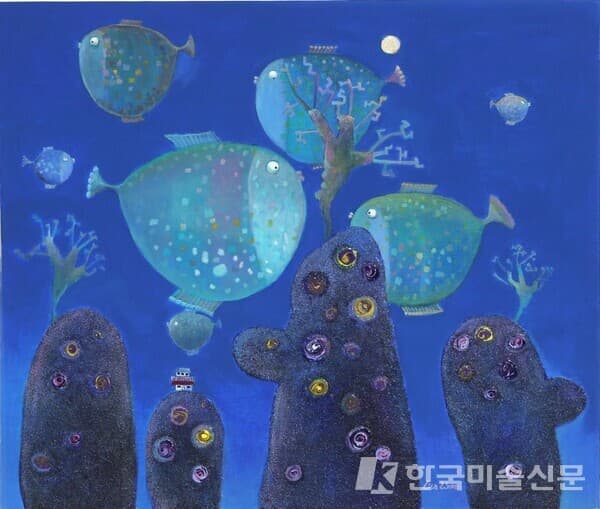 스위밍에고 파란파란&nbsp;캔버스에 아크릴, 혼합 재료46x53cm (10호), 2021
