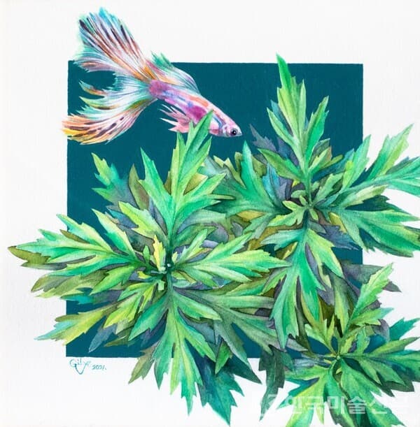 구피의 시간&nbsp;아르쉬지에 아크릴, 수채30x30cm (6호), 2021 (사진=오길예 SNS)