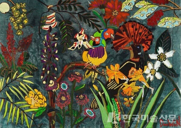야간버드 in 화원도105x145cm 빈티지코튼 위에 혼합재료 2022