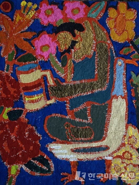 새 의자 위 명상41x53cm 한지 캔바스 위에 혼합재료 2022