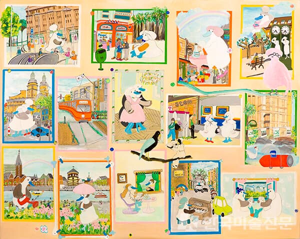독일에서 온 엽서 Postcard from Germany윤정원 Jeongwon Yoon, 독일에서 온 엽서 Postcard from Germany, 2021-2022, Acrylic on canvas, 130.3 x 162.2cm