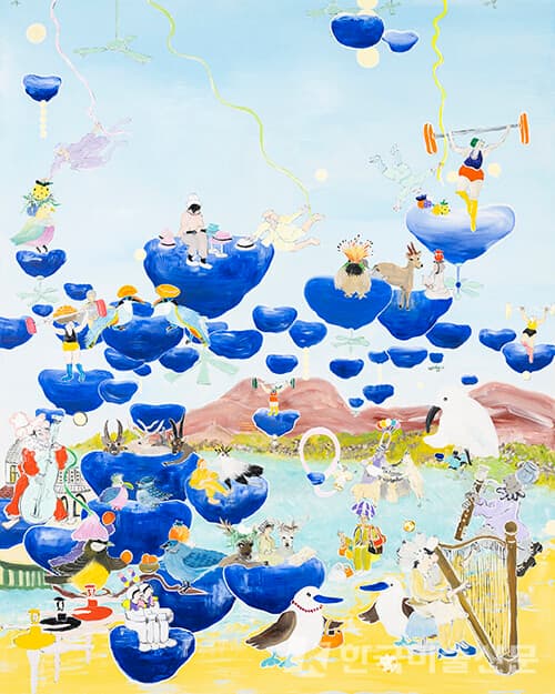 파란 접시 나라 Blue Flying Plates윤정원 Jeongwon Yoon, 파란 접시 나라 Blue Flying Plates, 2022, Acrylic on canvas, 162.2 x 130.3cm