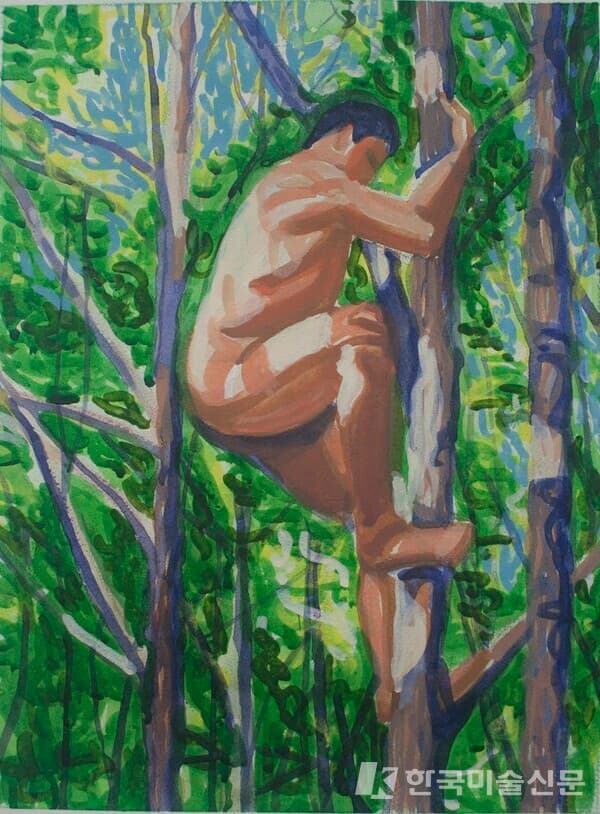 나무에 오르는 사람 1 / 김보중종이위에 아크릴, 38x28cm, 2022