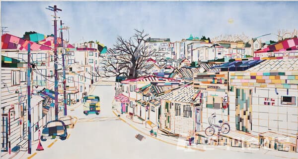 'A Street Scene'(종로구 중앙고등학교 마을버스 길 모습), 한지에 실크, 바느질 콜라주, 90&times;162cm, 2012