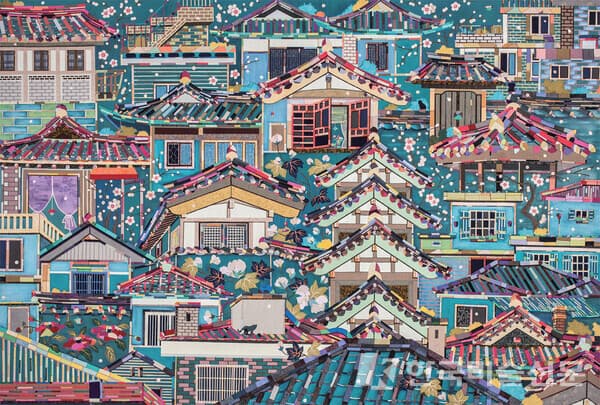 '가화(家花)- 집과 꽃에 깃든 소망'캔버스에 아크릴&middot; 바느질 콜라주&middot;비즈, 130&times;195cm 2016'2016년 단원미술제 선정 작가 공모전'에서 대상을 받은 작품