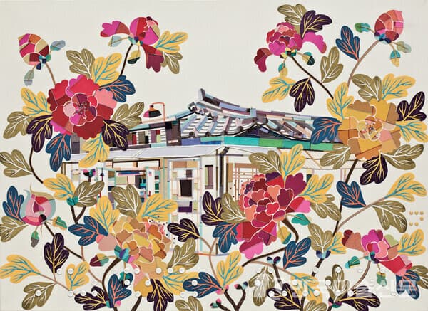 '가화(家花)'캔버스에 바느질 콜라주&middot;비즈, 52.5&times;73cm, 2014