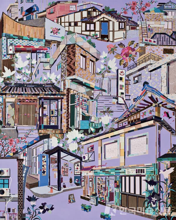 '가화(家花)'(종로구 계동 모습)캔버스에 바느질 콜라주&middot;비즈, 162&times;97cm, 2015
