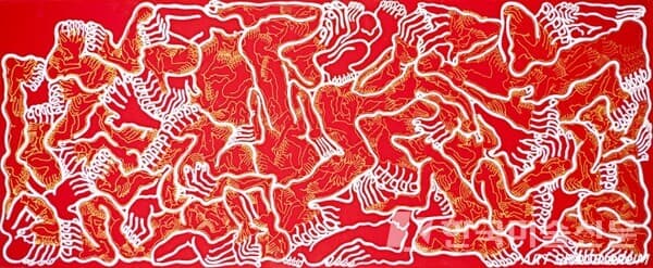 최세경, Relationship-outside(red), Acrylic paint on canvas panel, 40&times;100cm, 2018