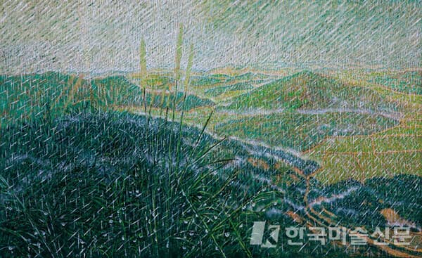 ▲&nbsp;임동식, 원수산에서 바라본 연기군 남면 방축리 - 여름Oil on Canvas, 81 x 131cm, 2022