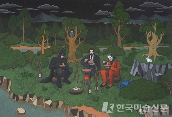 batman, john wick and joker신창용,batman, john wick and joker. acrylic on canvas. 117cm x 91cm. 2022