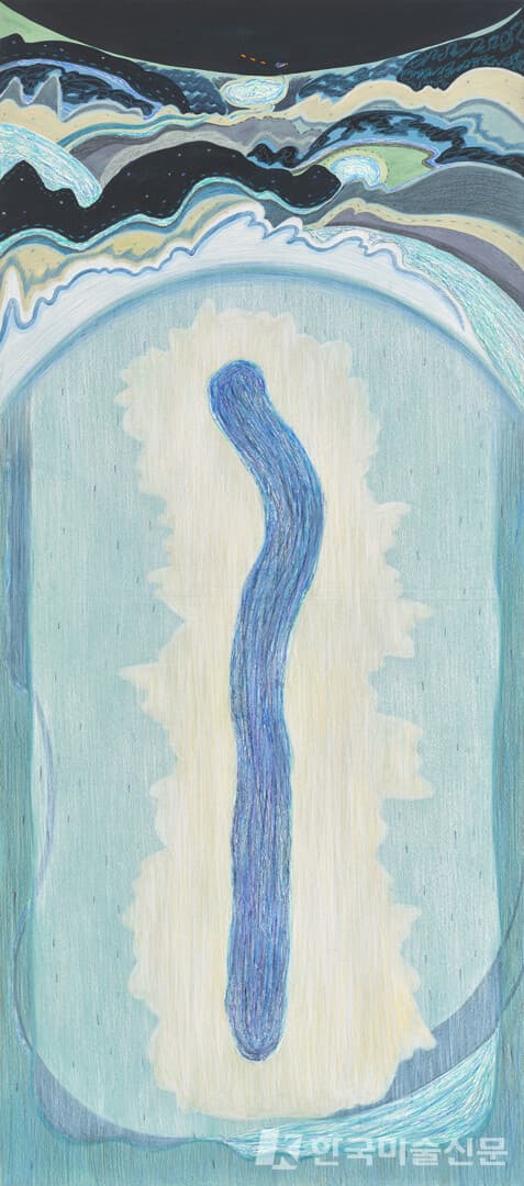 물이 만든 길 A Path Made by Water장지에 혼합재료 (mixed media on Korean paper), 180&times;80cm, 2022