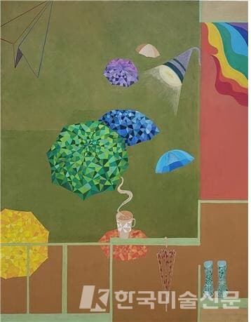 비가 오는 날의 행복, 2021, 장지에 분채, 162.1&times;130.3cm