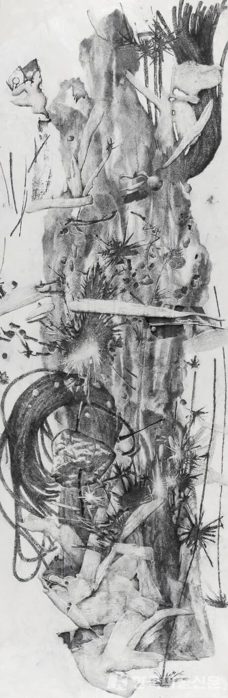 나서는 떠나는 떠도는벽화기법 (장지, 석회, 먹, 목탄, 목탄가루, 아교, 수간채색) Fresco Technique (Korean paper, quicklime, Chinese ink, charcoal, glue, oriental color), 60x190cm, 2023