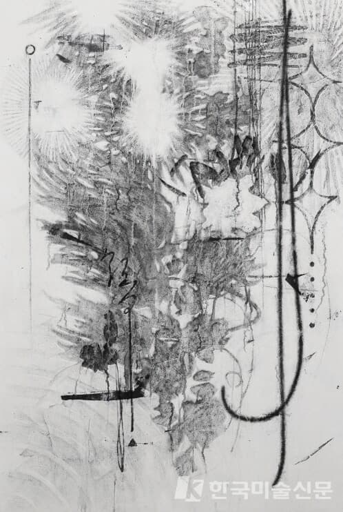 반짝, 번쩍, 반짝...벽화기법 (장지, 석회, 먹, 목탄, 목탄가루, 아교, 수간채색) Fresco Technique (Korean paper, quicklime, Chinese ink, charcoal, glue, oriental color), 90&times;135cm, 2022