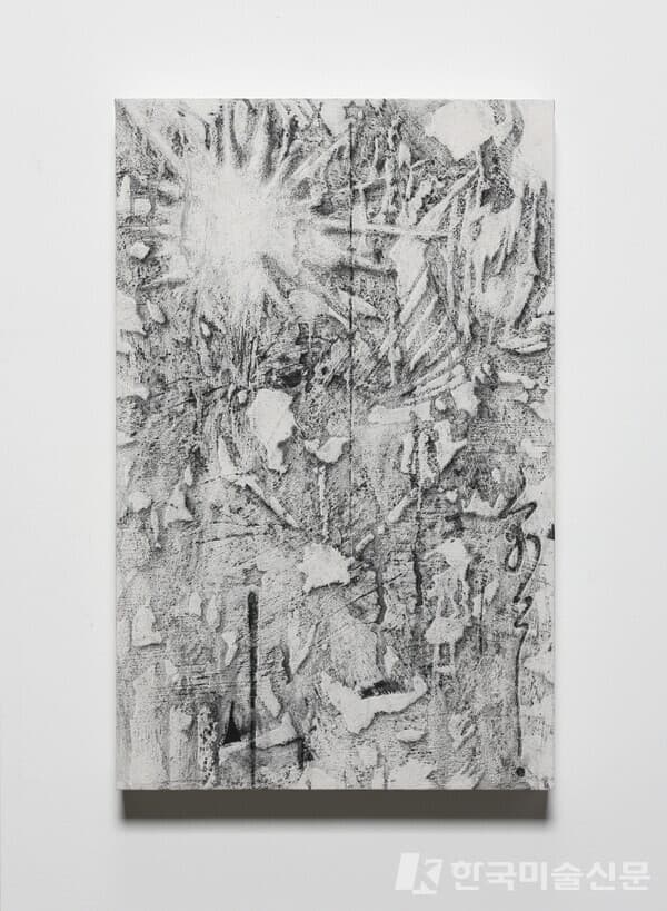 별별별벽화기법 (장지, 석회, 먹, 목탄, 목탄가루, 아교, 수간채색) Fresco Technique (Korean paper, quicklime, Chinese ink, charcoal, glue, oriental color), 39x61cm, 2022