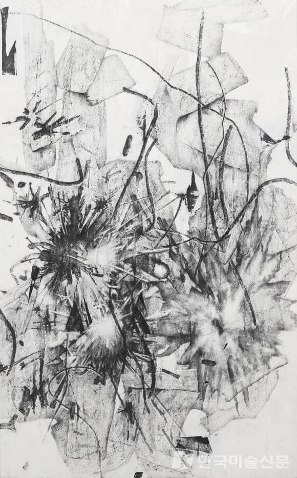 쾅쾅쾅벽화기법 (장지, 석회, 먹, 목탄, 목탄가루, 아교, 수간채색) Fresco Technique (Korean paper, quicklime, Chinese ink, charcoal, glue, oriental color), 79X118cm, 2023