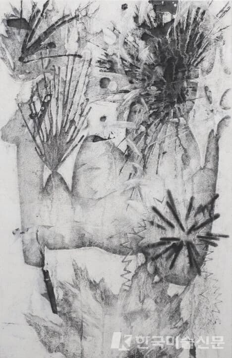 펑펑펑벽화기법 (장지, 석회, 먹, 목탄, 목탄가루, 아교, 수간채색) Fresco Technique (Korean paper, quicklime, Chinese ink, charcoal, glue, oriental color), 54x84cm, 2022