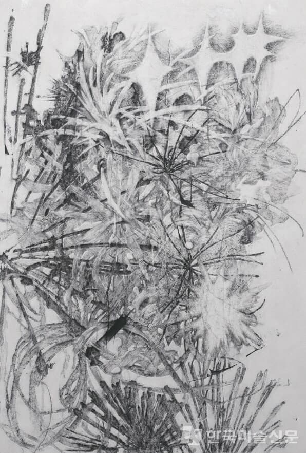 피는, 날리는, 퍼지는벽화기법 (장지, 석회, 먹, 목탄, 목탄가루, 아교, 수간채색) Fresco Technique (Korean paper, quicklime, Chinese ink, charcoal, glue, oriental color), 90x135cm, 2022