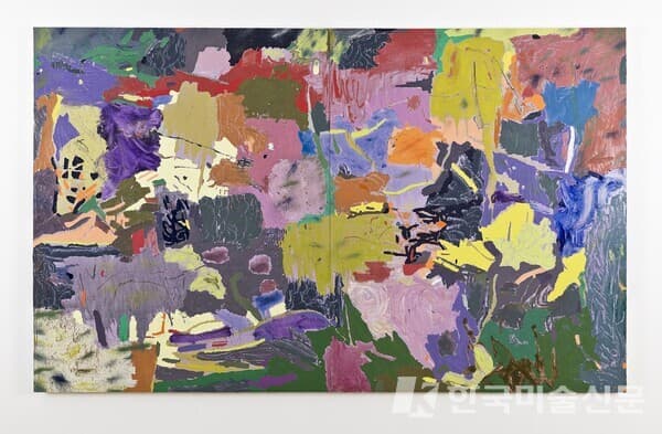 호아킨 보스 - Untitled&nbsp;Oil on wood panel160 &times; 260 &times; 4.5 cm (2 panels). Unique 2023&nbsp;Courtesy of the artist and Perrotin.
