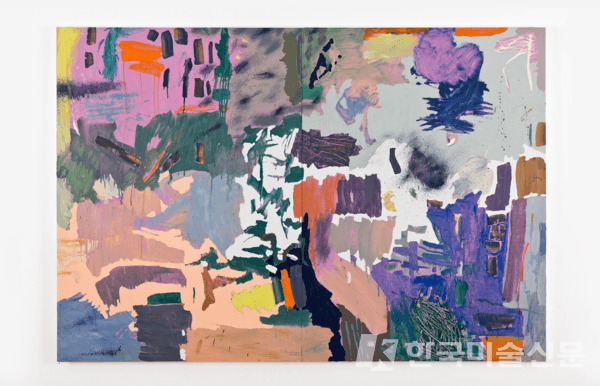 호아킨 보스 - UntitledOil on wood panel130 &times; 190 &times; 4.2 cm (2 panels). Unique 2023Courtesy of the artist and Perrotin.