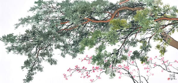 청송 (靑松, Green Pine Tree)80x170cm, 화선지에 먹과 채색(ink and color on Korean paper), 2023