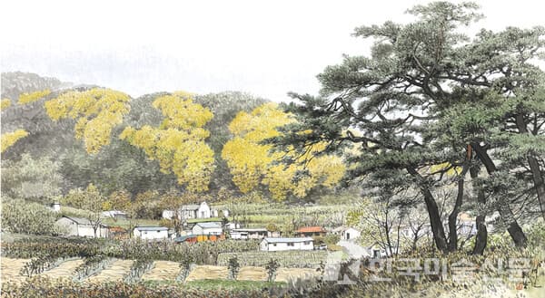 가을서정-영주 (Autumn Lyric-Yeongju)94x170cm, 화선지에 먹과 채색(ink and color on Korean paper), 2020