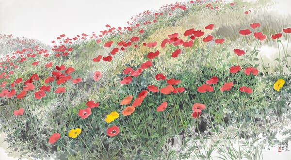開花(개화)-양귀비 (Blooming Flower-Poppy)93x170cm, 화선지에 먹과 채색(ink and color on Korean paper), 2012
