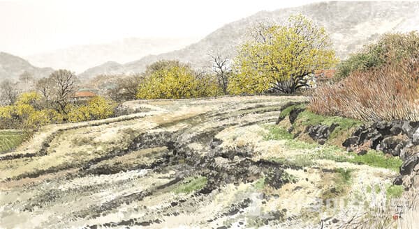 봄의 기운-산동 (Spring Vitality-Sandong)94x170cm, 화선지에 먹과 채색(ink and color on Korean paper), 2019