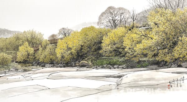 봄의 기운-산동 (Spring Vitality-Sandong)94x170cm, 화선지에 먹과 채색(ink and color on Korean paper), 2020