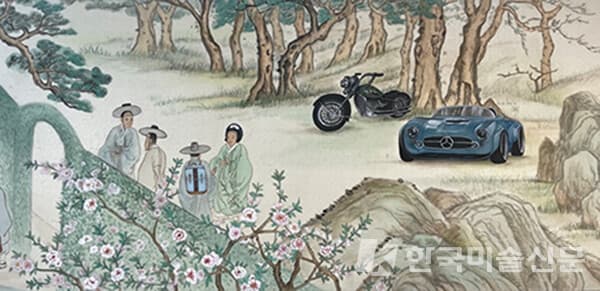 김정미 새로운 만남&nbsp;78x28cm 비단에 석채 2023