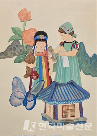정학진 정원의 소녀들&nbsp;70&times;50cm 비단에 진채 2023