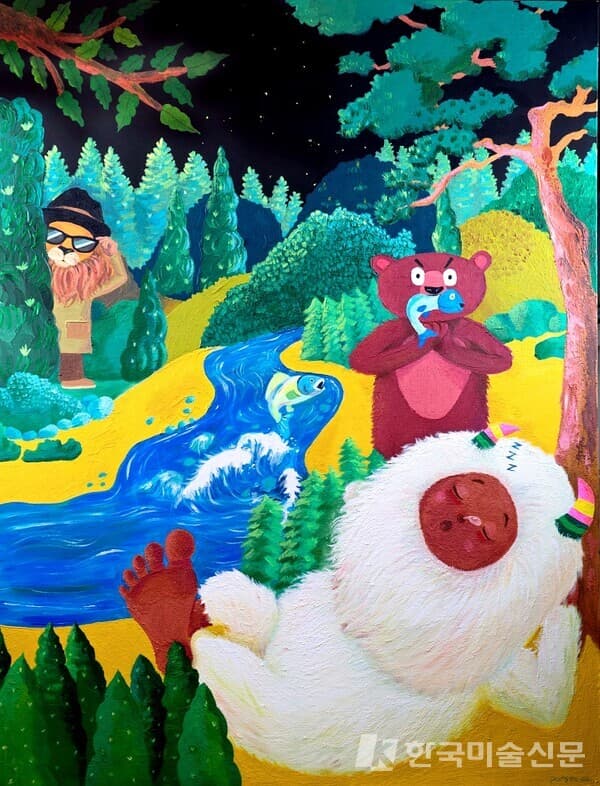 한밤의 침입자들&nbsp;안정모, 112.1x145.5cm Mixed media,2022
