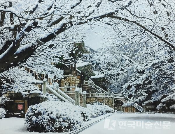 慶州 佛國寺의 瑞雪 81&times;64cm 韓紙에 水墨淡彩 1987.12