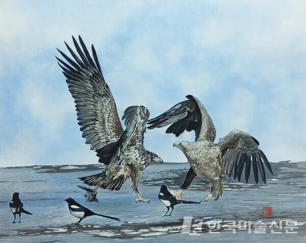 束草 永浪湖의 飛翔 91&times;73cm 韓紙에 水墨淡彩 1988.12