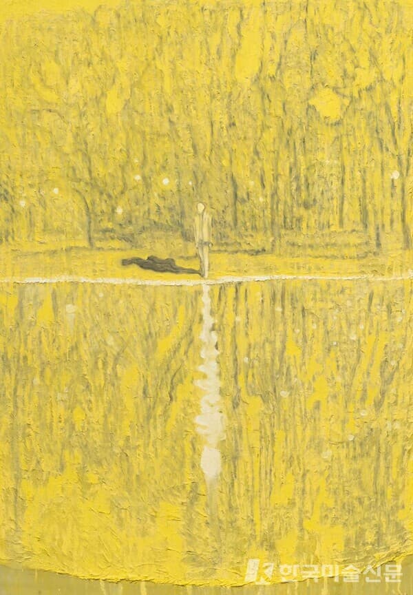 Reflection 반영, 2023, Black ink, white powder, tempera and gouache on Korean paper mounted on wood144 X 101 cm . 출처. 갤러리 현대